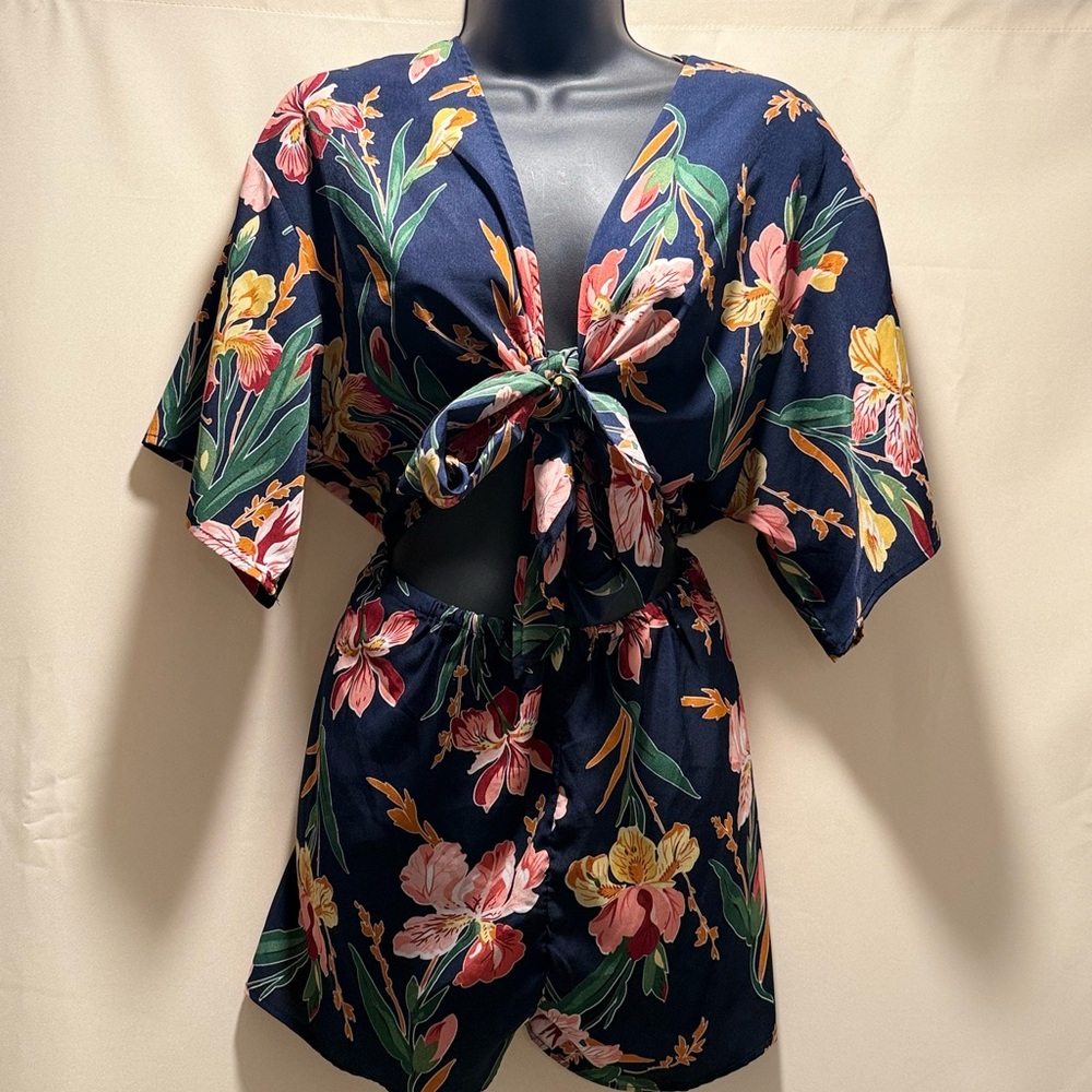 SHEIN Navy Floral Tie-Front Romper
